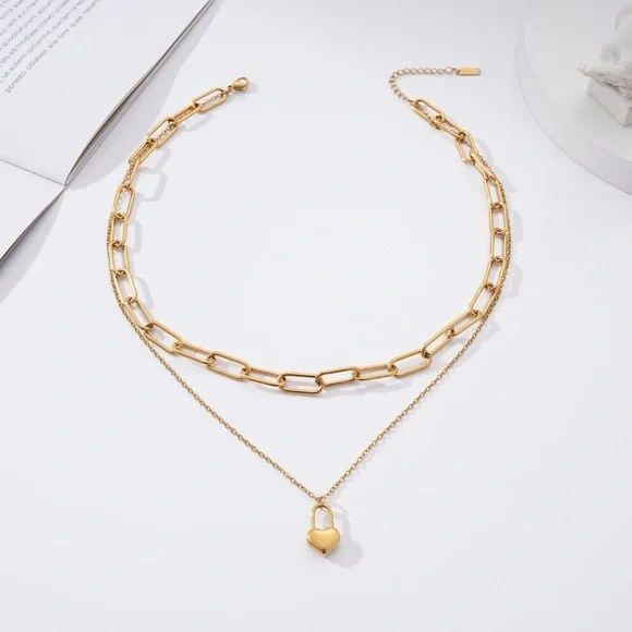 18K Gold Plated Layering Heart Lock Pendant Necklace - Picture 8 of 14